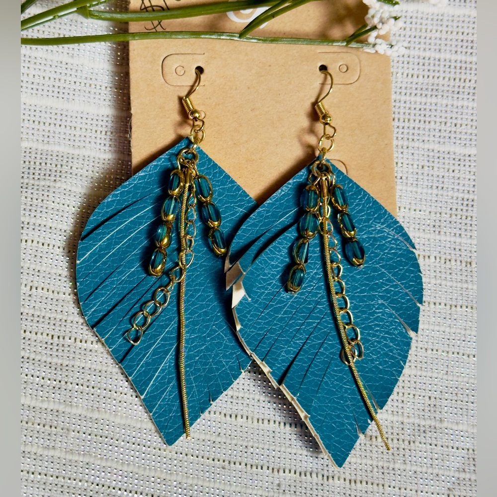 Plunder Blue and Gold Feather Earrings with Chain Details